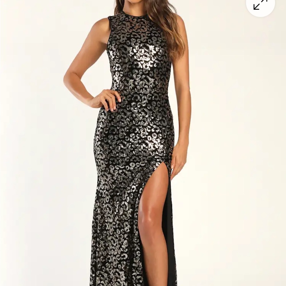 Sequined Black & Gold High-Slit Evening Gown